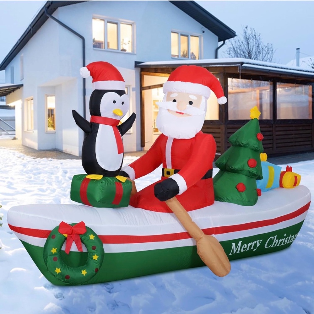 7ft Inflatable Santa and Penguin Christmas Boat Decoration